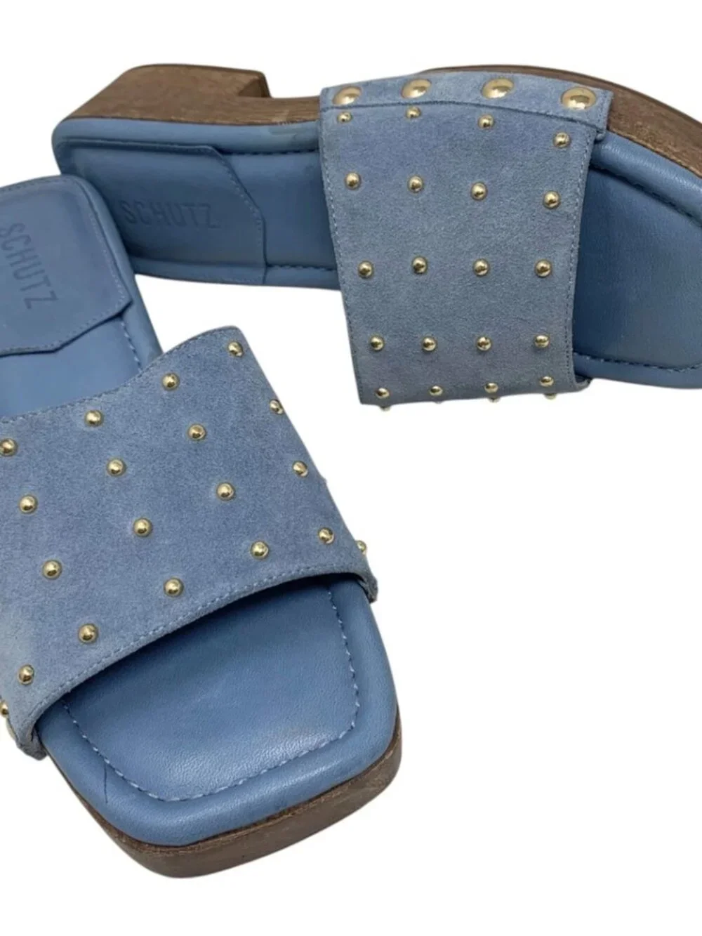 SCHUTZ Summer Jean Blue Suede Studded Wooden‎ Clog Slides
